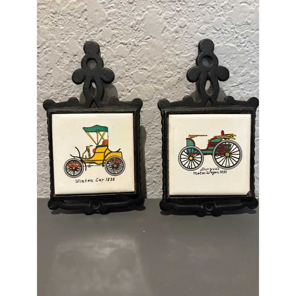 Used Vintage Cast Iron & Ceramic Tile Trivets, Set of 2